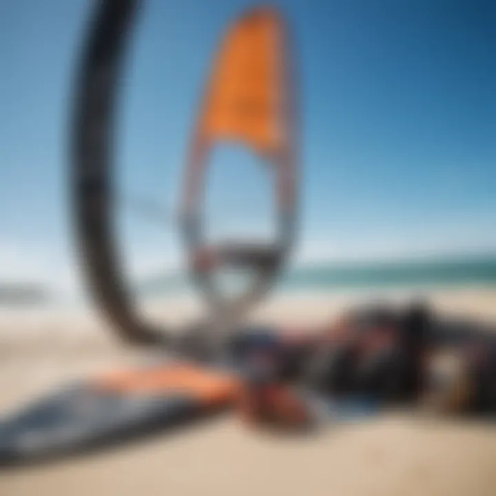 An array of essential kite surfing gear laid out on the beach