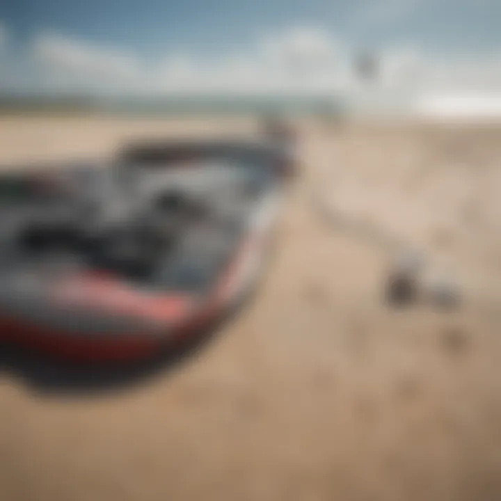 Kiteboarding gear laid out on the beach