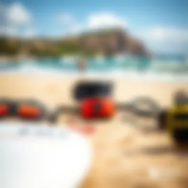 Close-up of kite surfing equipment laid out on the sandy shore