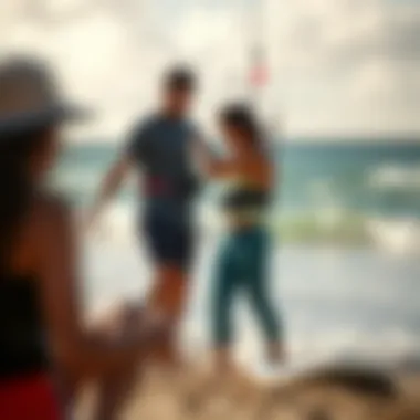 A kite surfing instructor giving guidance to a student on the beach