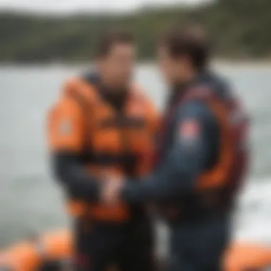 An educator demonstrating life jacket maintenance techniques