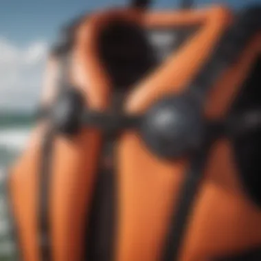 A close-up of a life jacket's safety features and materials