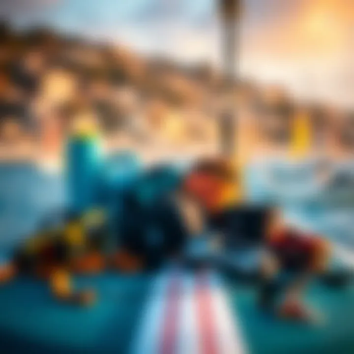 A collection of high-quality kite surfing gear ready for an adventure in Sicily.