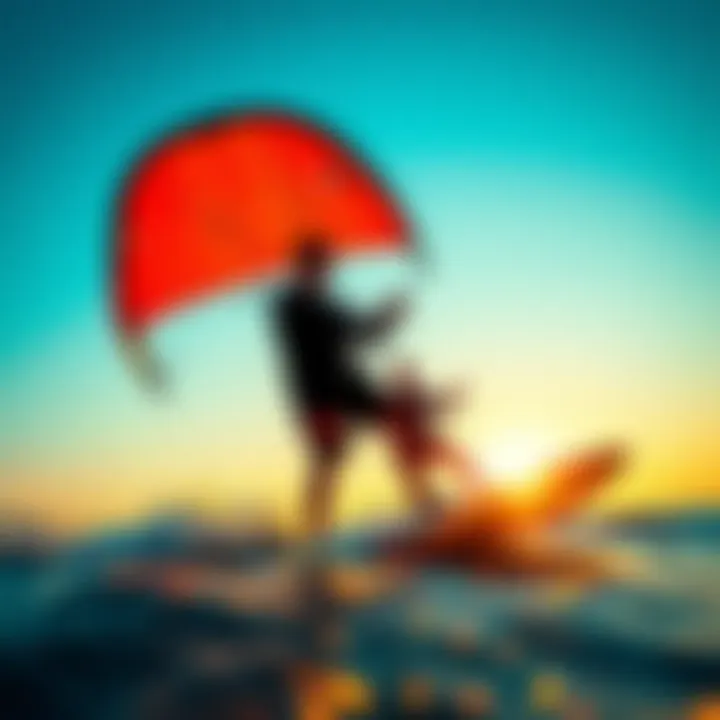 Kite surfers enjoying the vibrant sunset while riding the waves in Sicily.