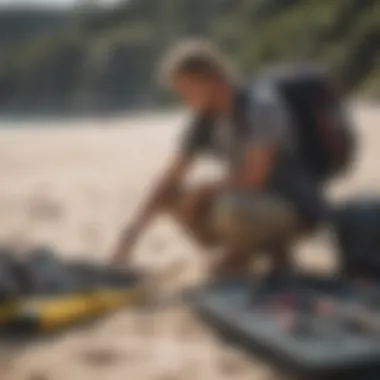 A kiteboarder checking equipment before travel