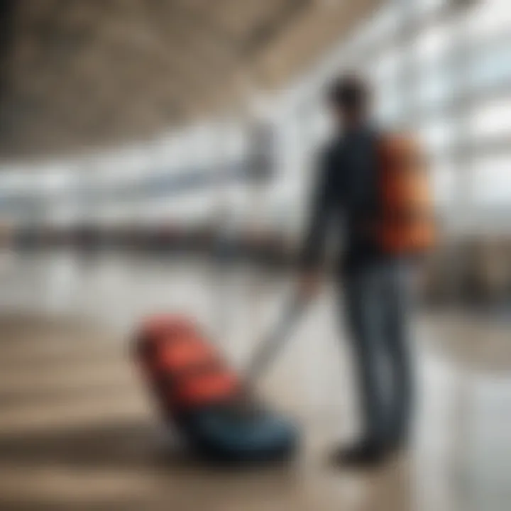 A traveler checking their kiteboard bag at an airport.