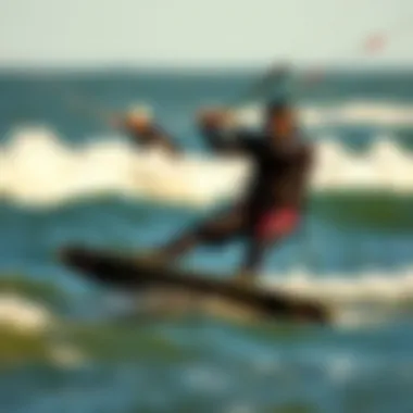 A kiteboarder in action wearing a 4mm wetsuit against a backdrop of waves.