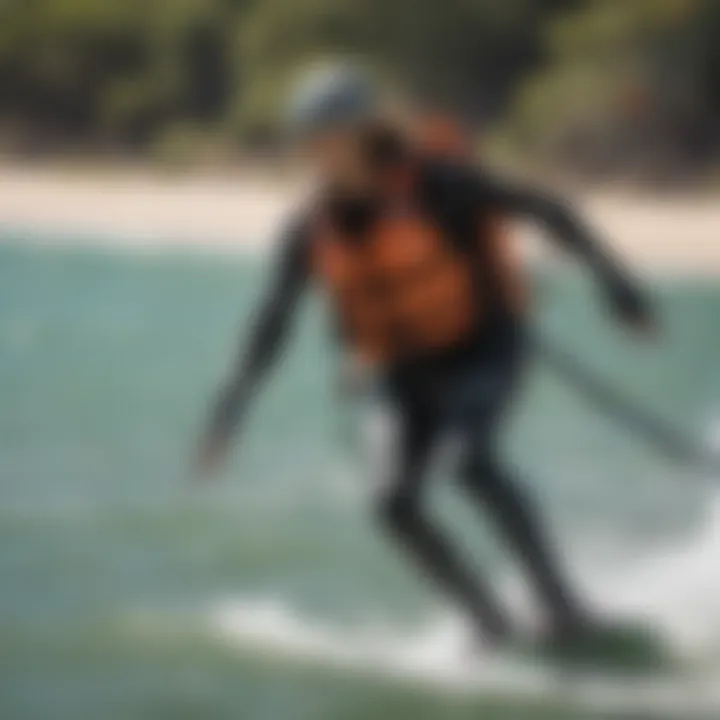 Kiteboarder wearing a flotation vest during a session