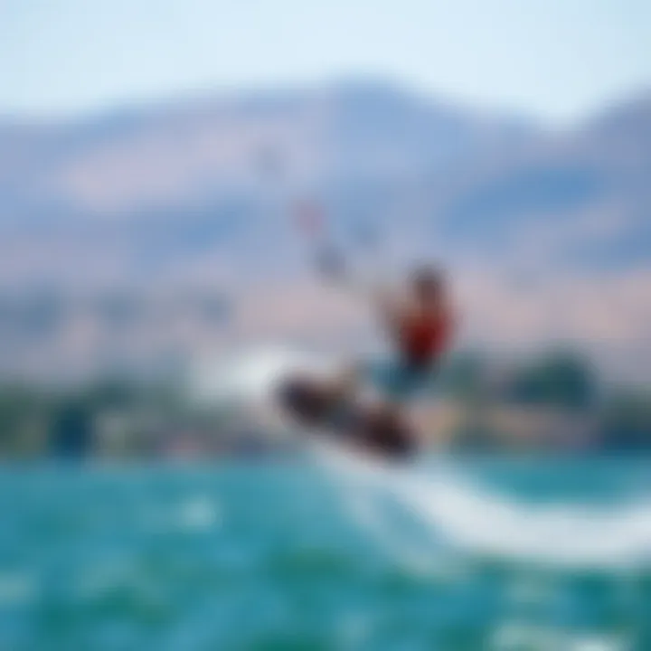 A dynamic shot of a kiteboarder riding with a jet foil board over the water