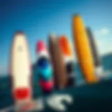 Various kiteboarding board designs showcasing different shapes and colors