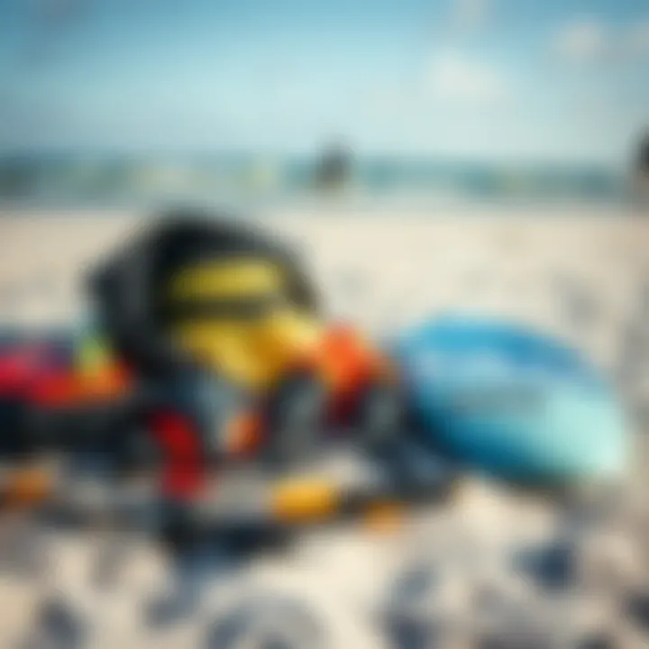Essential kiteboarding gear laid out on the beach