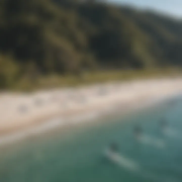 A serene beach setting where kiteboarding enthusiasts gather and discuss non-electric foil boards.