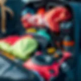 An organized kiteboarding gear bag showcasing various equipment neatly arranged.