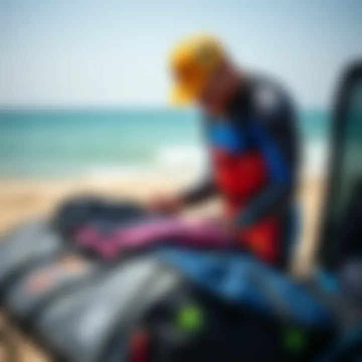 A kiteboarder packing a gear bag for a travel adventure.