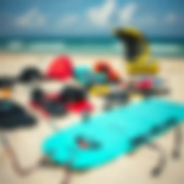 Essential Kiteboarding Gear on the Beach An array of kiteboarding gear laid out on the sandy beach, highlighting the essentials for riders.