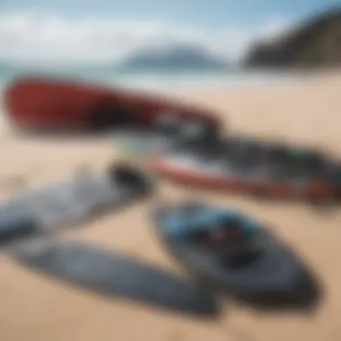 Kiteboarding gear laid out on sandy beach