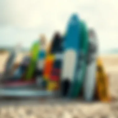 Diverse Kiteboarding Boards Collection An array of kiteboarding boards displayed on a sandy beach