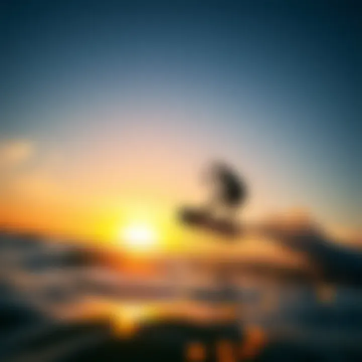 Kiteboarder in Action at Sunset A kiteboarder catching a wave with a beautiful sunset backdrop