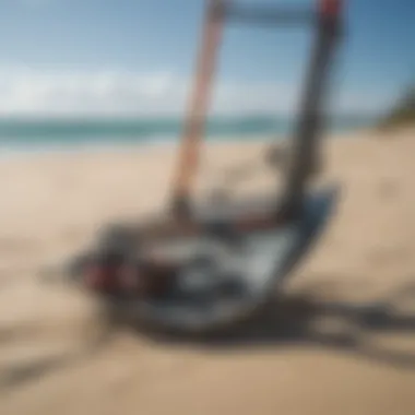 A scenic beach setting showcasing kiteboarding equipment ready for use.