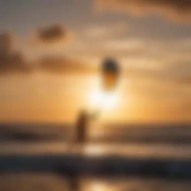 Close-up of a kiteboarder launching their kite against a vibrant sunset.