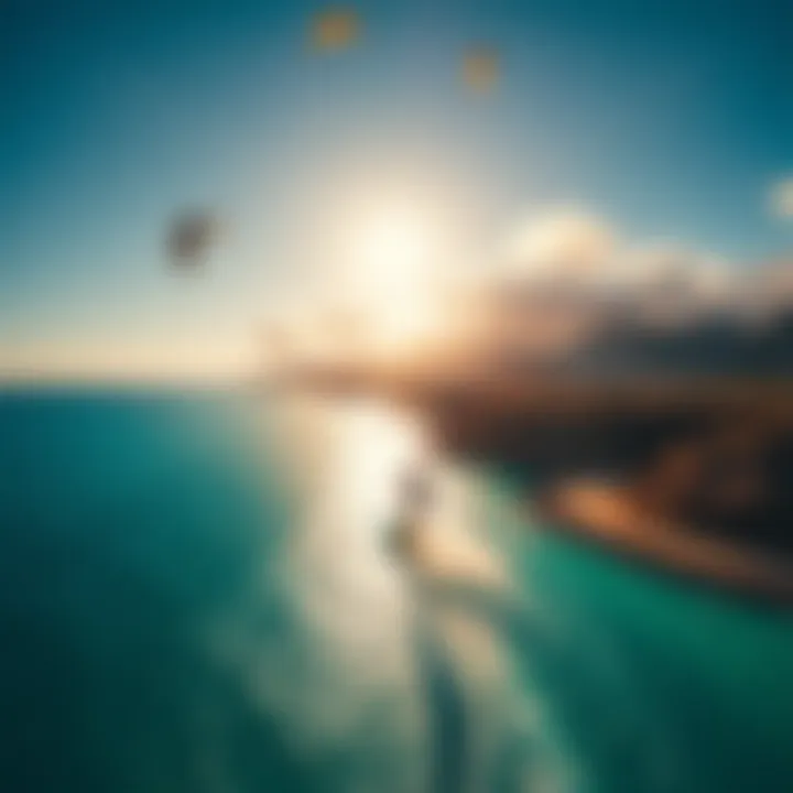 Stunning aerial view of kiteboarders gliding over turquoise waters