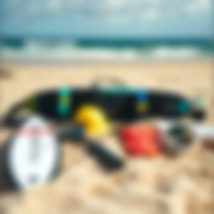Essential kiteboarding equipment laid out on the sand