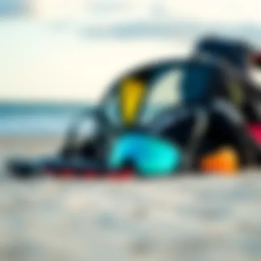 Kiteboarding gear displayed on a sandy beach