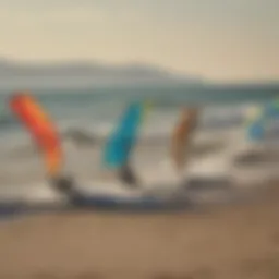 A close-up of various kite types for kiteboarding.