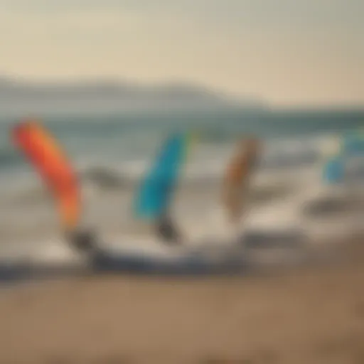 A close-up of various kite types for kiteboarding.