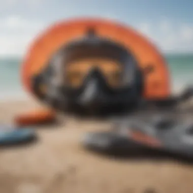 A detailed view of kiteboarding safety equipment laid out.