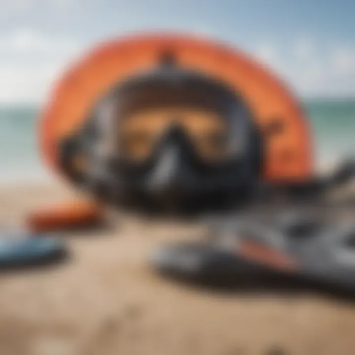 A detailed view of kiteboarding safety equipment laid out.