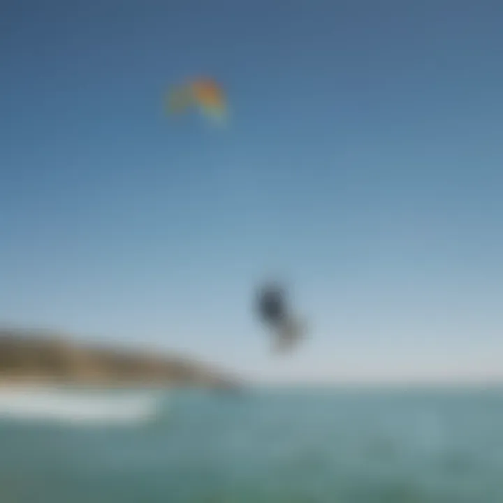 A scenic kiteboarding training location with clear blue skies.