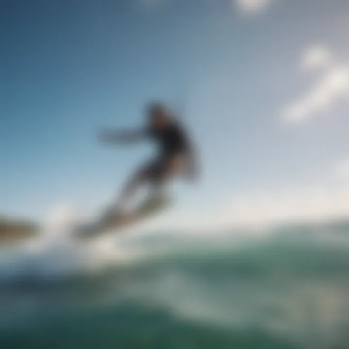 Kiteboarder gliding across crystal clear water