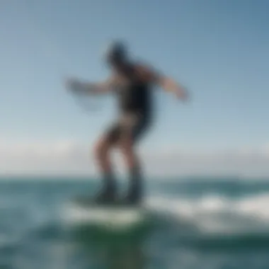 A kiteboarder performing a maneuver on a non-electric foil board in the ocean.