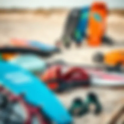 Diverse kitesurfing gear displayed on a sandy beach