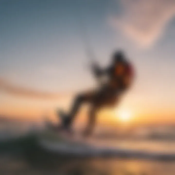 Dynamic kitesurfing action against a vibrant sunset