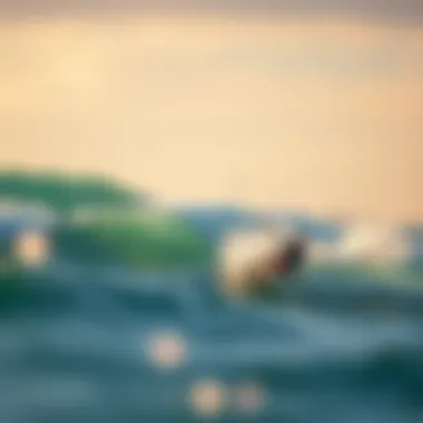 A kitesurfer gracefully navigating through waves with a colorful kite