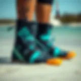 A close-up view of kitesurfing booties showcasing their unique design