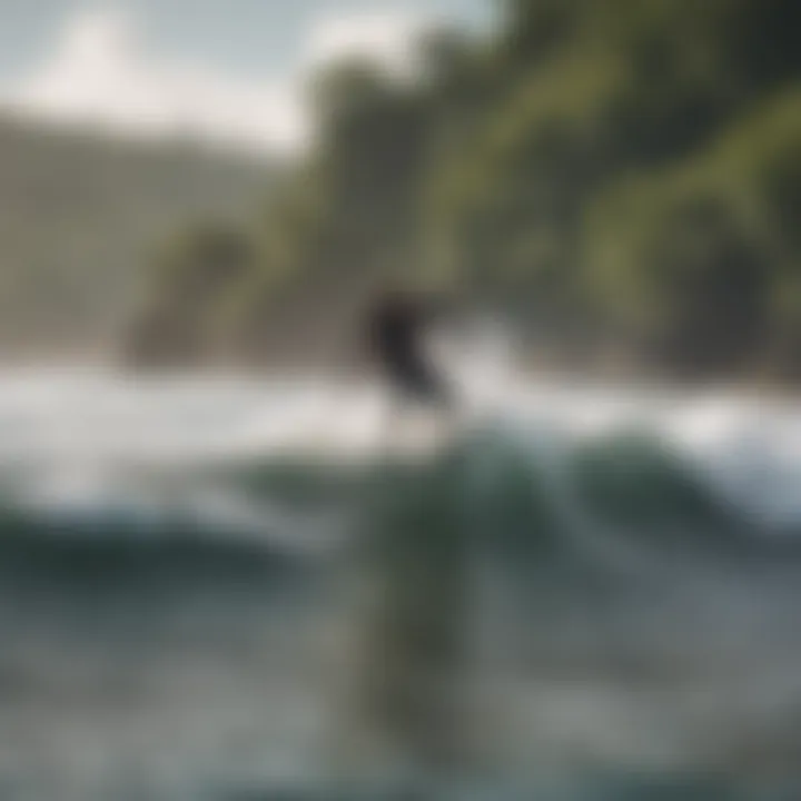 A kitesurfer catching a wave with a beautiful backdrop