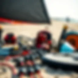 A detailed view of kitesurfing equipment arranged on a beach
