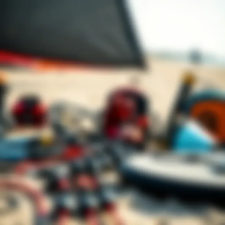 A detailed view of kitesurfing equipment arranged on a beach