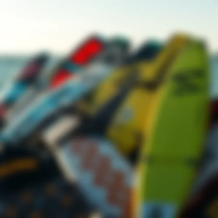 An assortment of kites and boards for kitesurfing setup