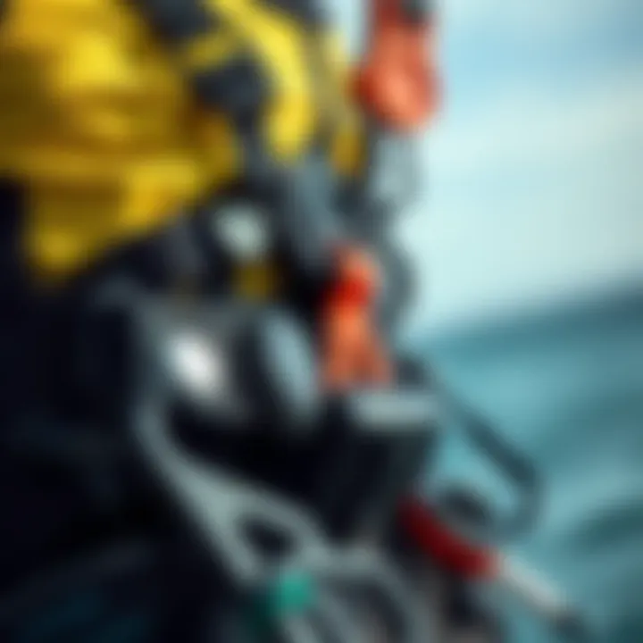 Close-up of kitesurfing harness and safety features