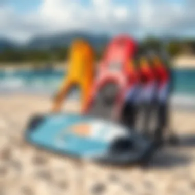 Kitesurfing gear displayed on the sandy beach
