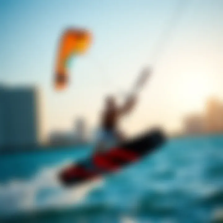 Showcasing Advanced Kitesurfing Techniques Kitesurfer showcasing advanced techniques against the Miami skyline