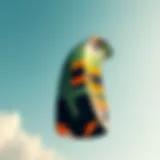 An intricately designed kitesurfing kite soaring in the vibrant sky