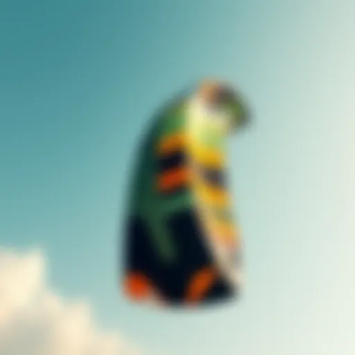 An intricately designed kitesurfing kite soaring in the vibrant sky