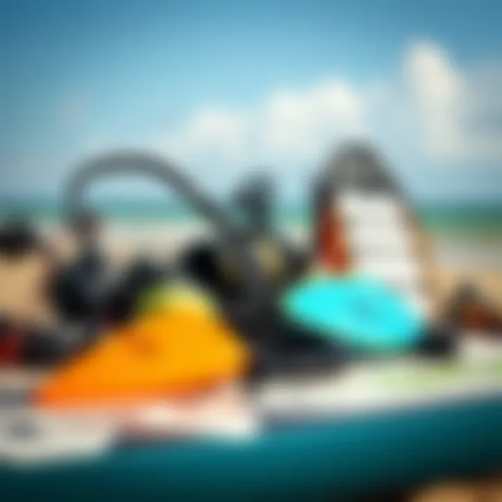 Variety of kitesurfing equipment displayed on the beach