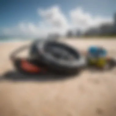 A close-up of kitesurfing gear laid out on the beach