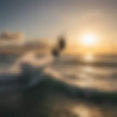 Kitesurfers riding the waves during sunset in Miami